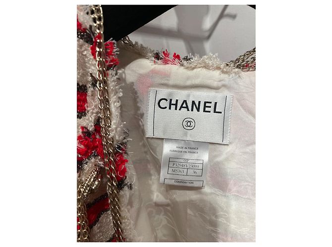 Chanel Jacke Rot Weiß mit Silbernen Ketten Größe 36 - Ansicht 4