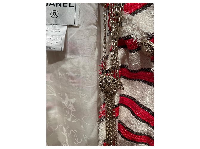 Chanel Jacke Rot Weiß mit Silbernen Ketten Größe 36 - Ansicht 7