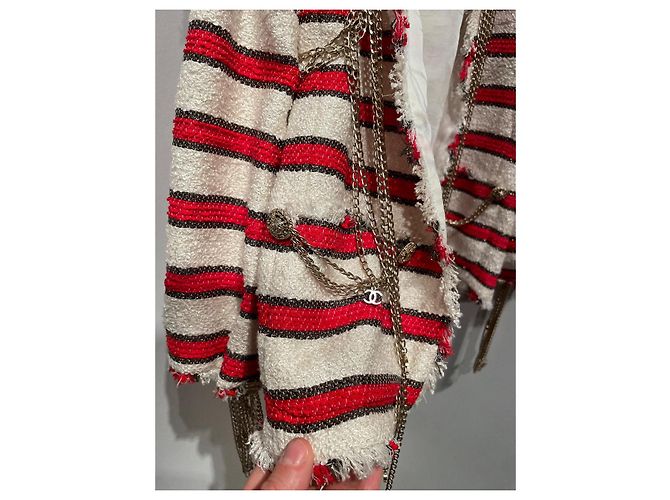 Chanel Jacke Rot Weiß mit Silbernen Ketten Größe 36 - Ansicht 8