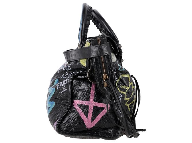 Bolsa City Graffiti Balenciaga em couro preto - vista 2
