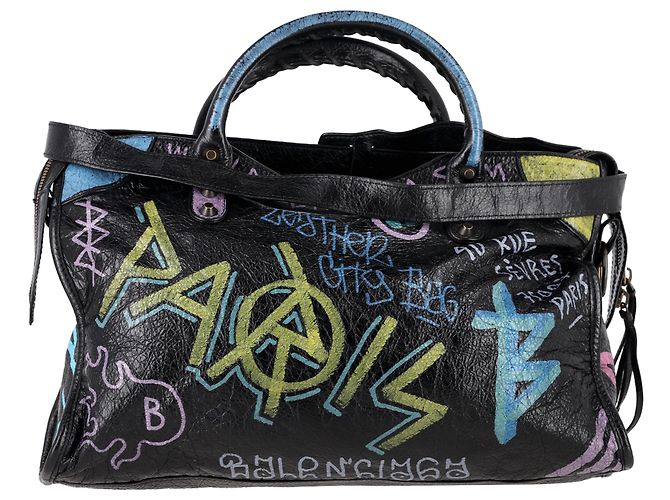 Bolsa City Graffiti Balenciaga em couro preto - vista 3