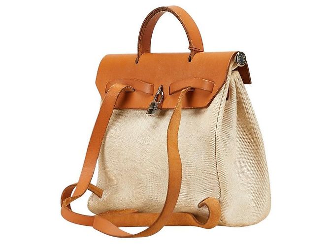 Hermès Zaino Hermes Herbag Ad PM Toile H in pelle Ash Marrone Beige - vista 2