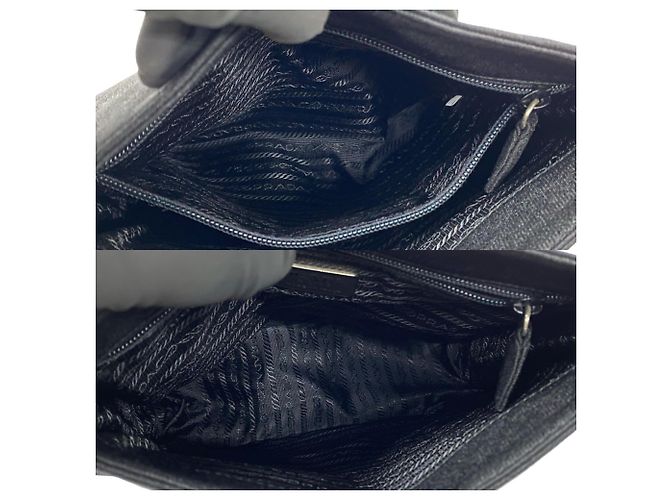 Borsa semi a spalla in tela con logo triangolare Prada e catena in plastica Nero - vista 8