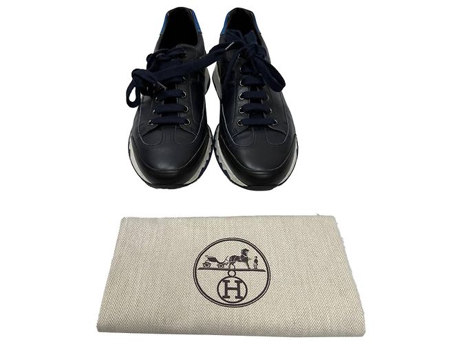 Sneakers con lacci Hermès Trail in pelle blu navy - vista 11