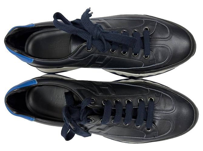 Sneakers con lacci Hermès Trail in pelle blu navy - vista 5