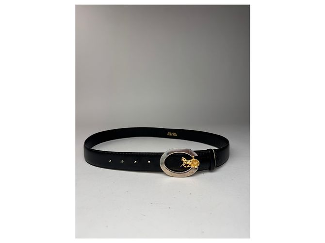 Céline Schwarzer Ledergürtel mit Vintage Celine Paris Wagenlogo - Ansicht 10