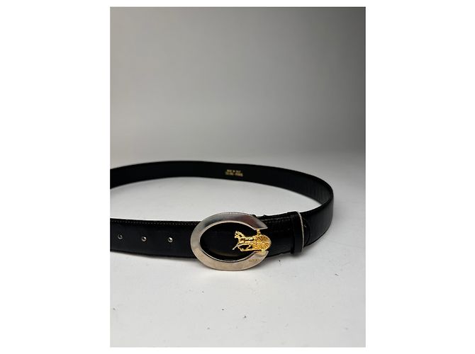 Céline Schwarzer Ledergürtel mit Vintage Celine Paris Wagenlogo - Ansicht 5
