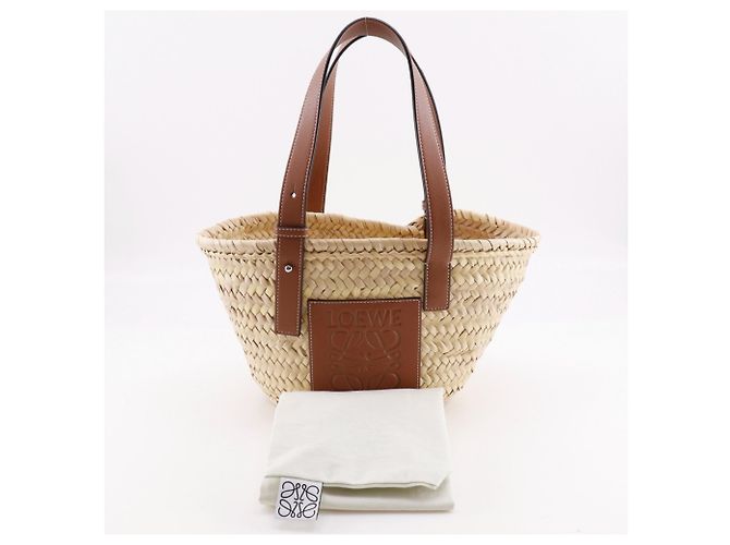 Borsa tote Loewe piccola in rafia e pelle Marrone Beige - vista 18