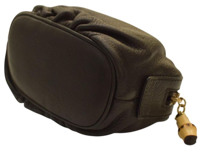 Bamboo GUCCI Clutch Bag Vintage in Pelle Nera con Zip in Bambù in pelle morbida nera Nero - vista 9