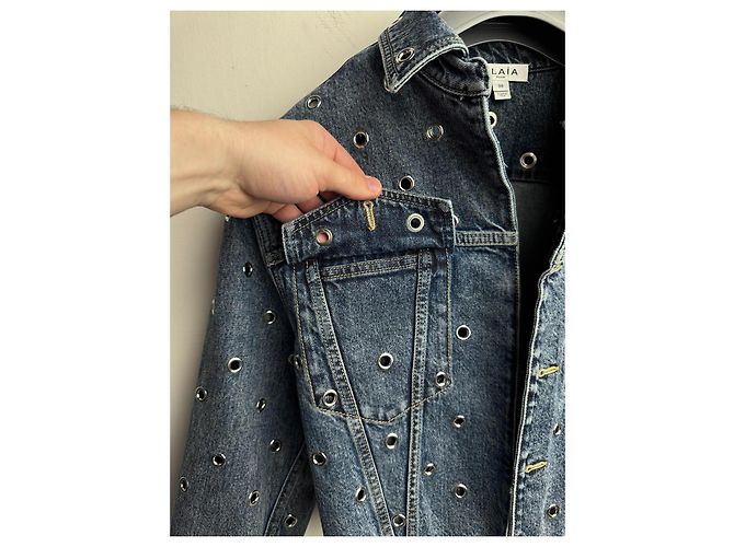 Giacca cropped in denim blu con occhielli Alaïa - vista 10