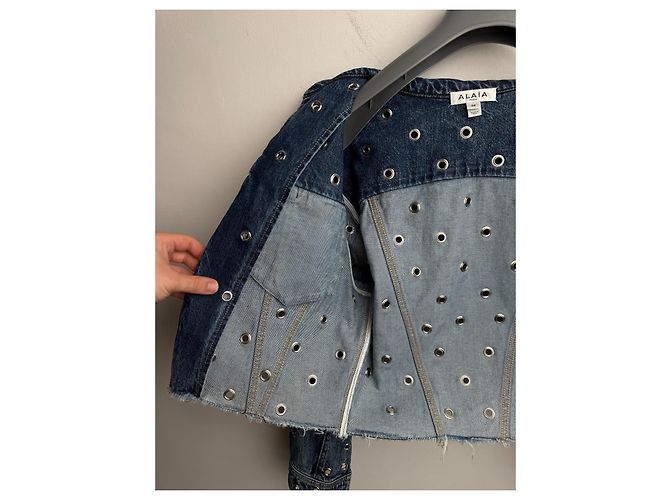 Giacca cropped in denim blu con occhielli Alaïa - vista 14