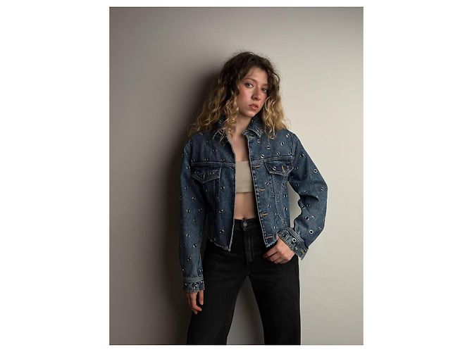 Giacca cropped in denim blu con occhielli Alaïa - vista 4