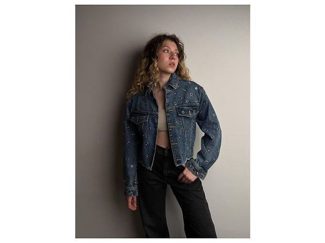 Giacca cropped in denim blu con occhielli Alaïa - vista 5
