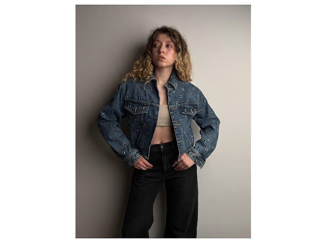 Giacca cropped in denim blu con occhielli Alaïa - vista 6