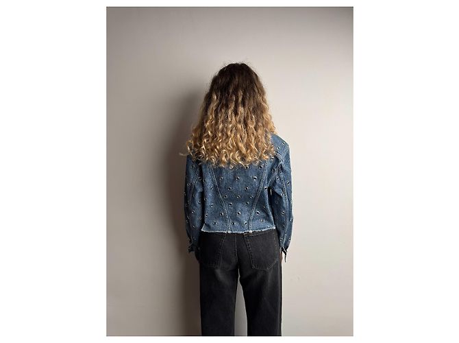 Giacca cropped in denim blu con occhielli Alaïa - vista 7