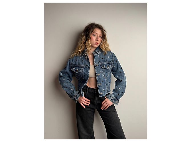 Giacca cropped in denim blu con occhielli Alaïa - vista 8