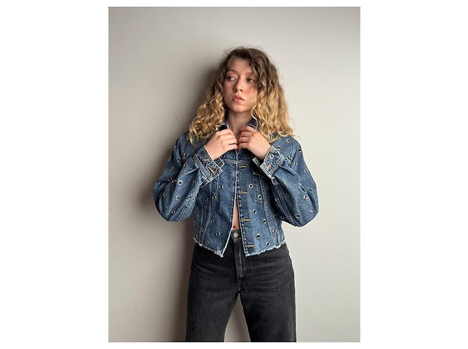 Giacca cropped in denim blu con occhielli Alaïa - vista 9