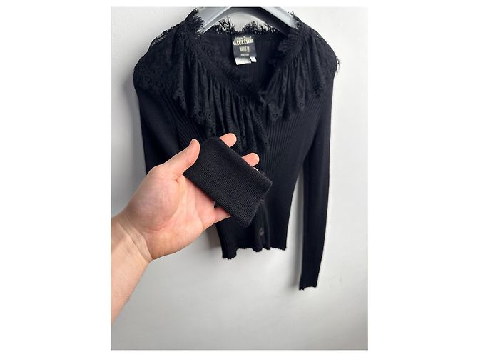 Jean Paul Gaultier Schwarzer Rippstrick Cardigan mit Spitzenbesatz - Ansicht 10