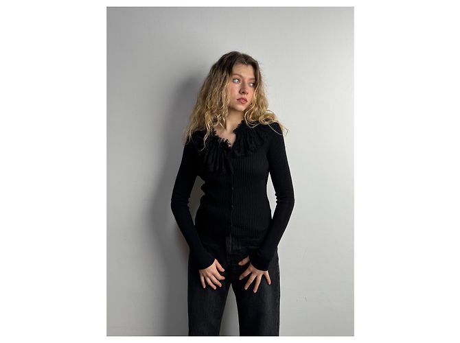 Jean Paul Gaultier Schwarzer Rippstrick Cardigan mit Spitzenbesatz - Ansicht 2
