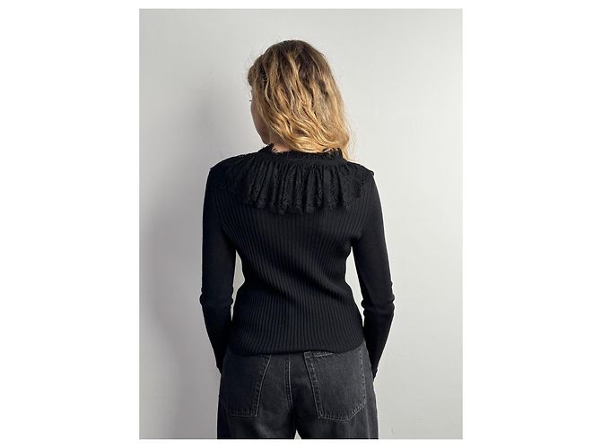 Jean Paul Gaultier Schwarzer Rippstrick Cardigan mit Spitzenbesatz - Ansicht 4