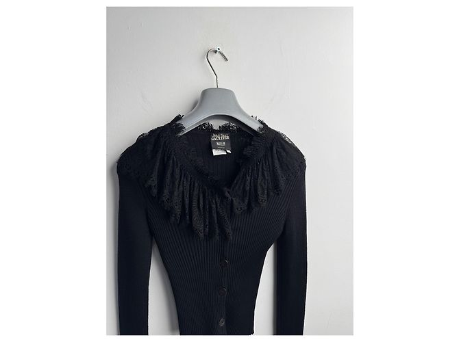 Jean Paul Gaultier Schwarzer Rippstrick Cardigan mit Spitzenbesatz - Ansicht 5