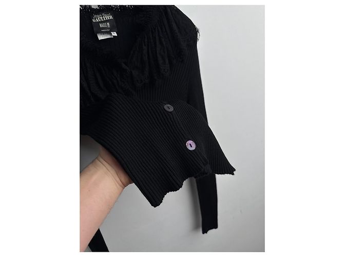 Jean Paul Gaultier Schwarzer Rippstrick Cardigan mit Spitzenbesatz - Ansicht 9