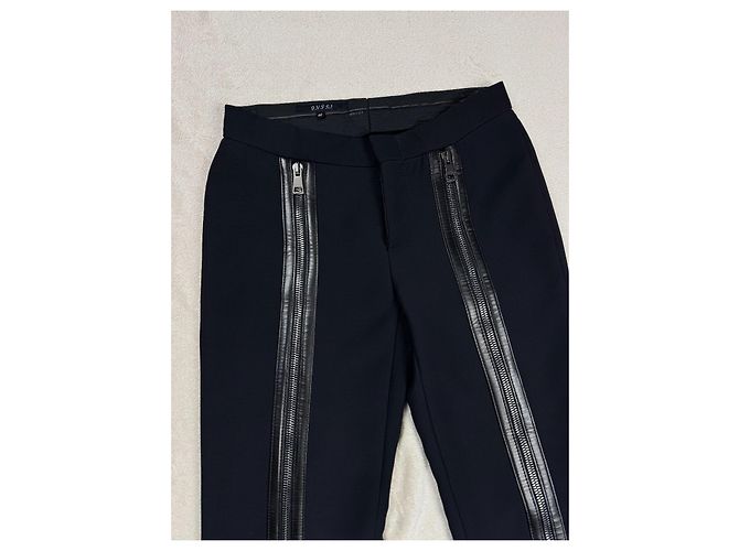 Calças Gucci de lã e couro preto com zíper - vista 5