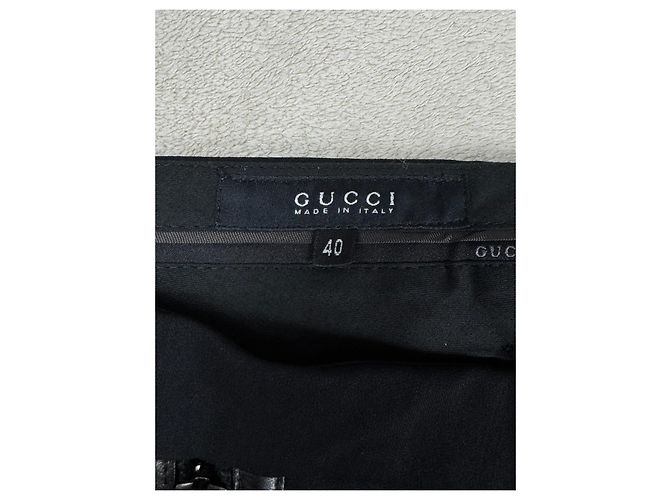 Calças Gucci de lã e couro preto com zíper - vista 6