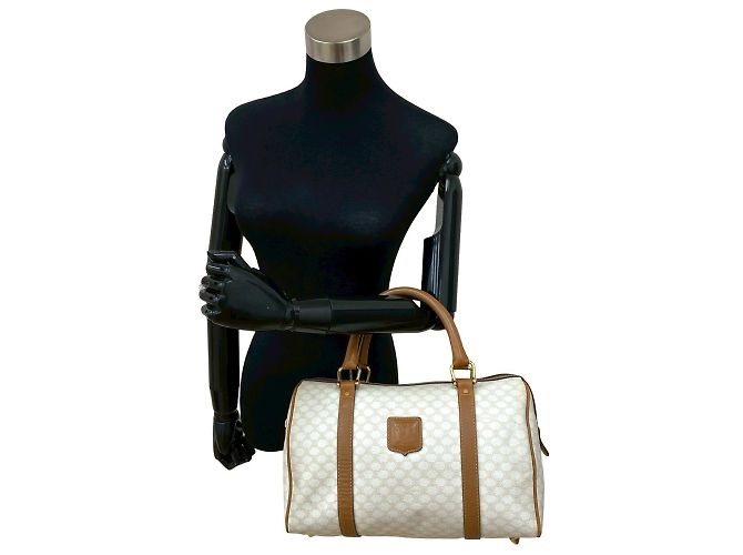 Céline Borsa in pelle Celine Macadam Blason Triomphe Marrone Bianco - vista 2