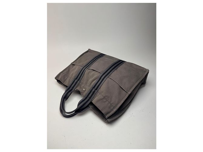 Vintage Hermès Canvas Tote Tasche grau schwarz - Ansicht 11