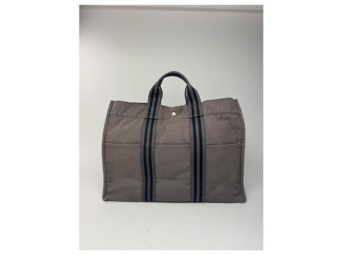 Vintage Hermès Canvas Tote Tasche grau schwarz - Ansicht 3