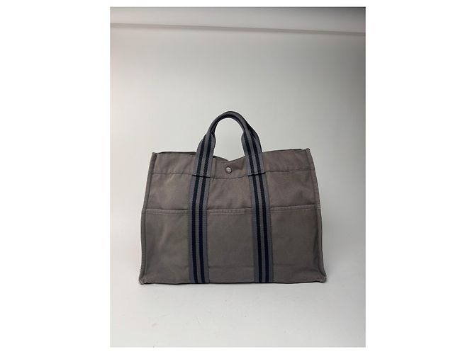 Vintage Hermès Canvas Tote Tasche grau schwarz - Ansicht 9