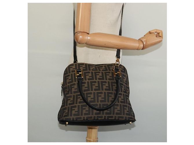 Borsa a mano in tela Zucca FENDI 2 in 1 Nero Marrone oro Auth 133607 D'oro - vista 21
