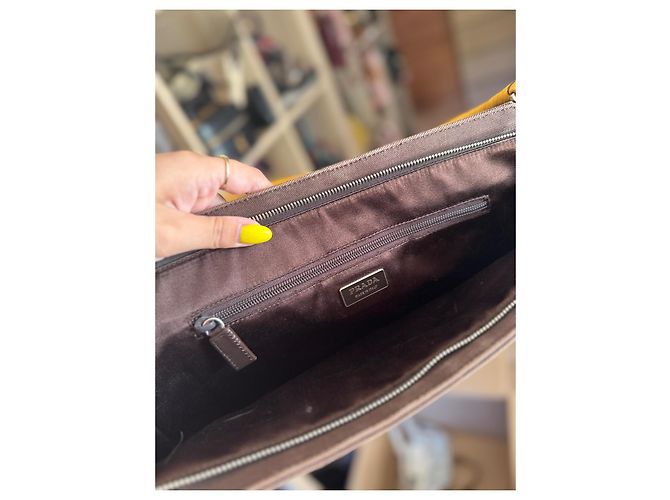 Borsa a spalla Prada Gialla e Marrone Scuro Cotone e Pelle di struzzo Giallo - vista 4