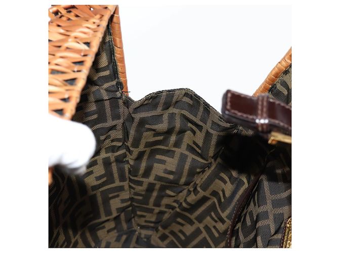 FENDI Strohtasche Handtasche Raffia Braun Gold Auth 134439V Golden - Ansicht 21