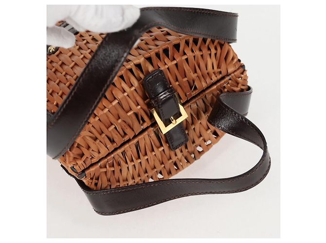 FENDI Strohtasche Handtasche Raffia Braun Gold Auth 134439V Golden - Ansicht 7