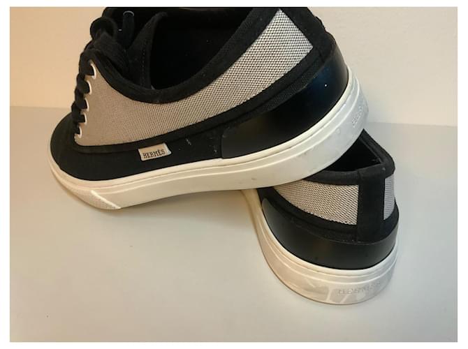 Sneakers Hermès in cotone nero e beige - vista 6