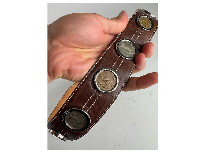 Céline Vintage Celine Paris Metall-/Leder-Gürtel mit Münzanwendung braun - Ansicht 6
