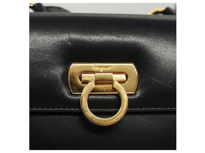 Borsa a Spalla Gancini in Pelle e Suede Salvatore Ferragamo Blu Navy Oro Auth 137474 D'oro - vista 14