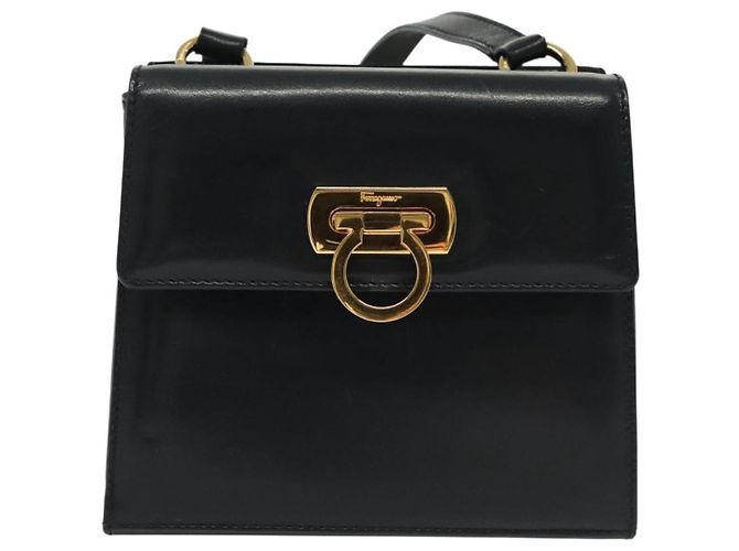 Borsa a Spalla Gancini in Pelle e Suede Salvatore Ferragamo Blu Navy Oro Auth 137474 D'oro - vista 2