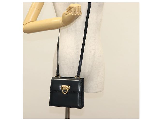 Borsa a Spalla Gancini in Pelle e Suede Salvatore Ferragamo Blu Navy Oro Auth 137474 D'oro - vista 22