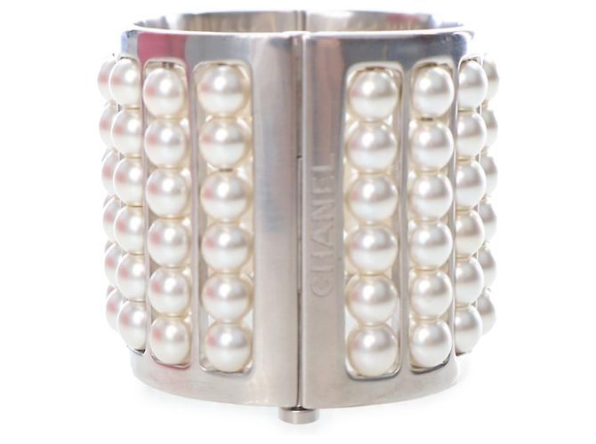 Chanel Silver Silver Plated Wide Pearl Cuff Bracelet Silvery - view 2