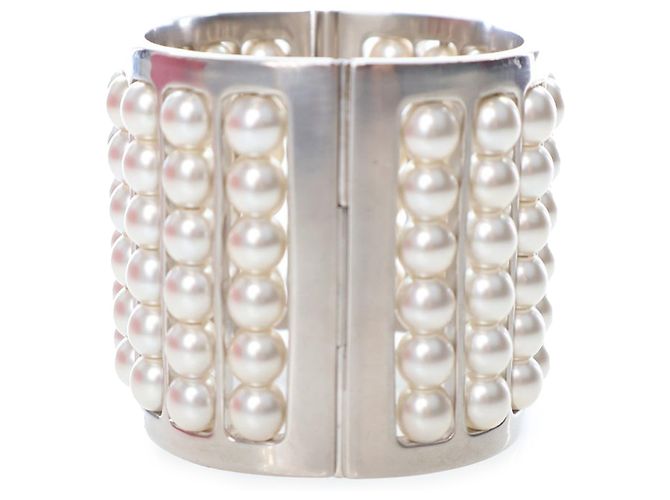 Chanel Silver Silver Plated Wide Pearl Cuff Bracelet Silvery - view 3
