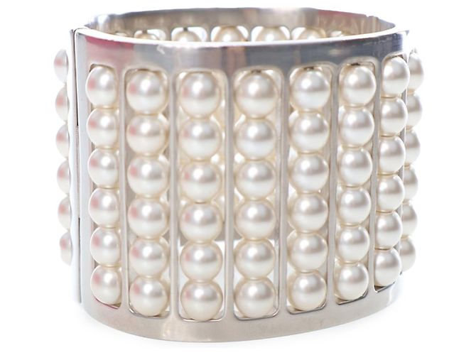 Chanel Silver Silver Plated Wide Pearl Cuff Bracelet Silvery - view 4