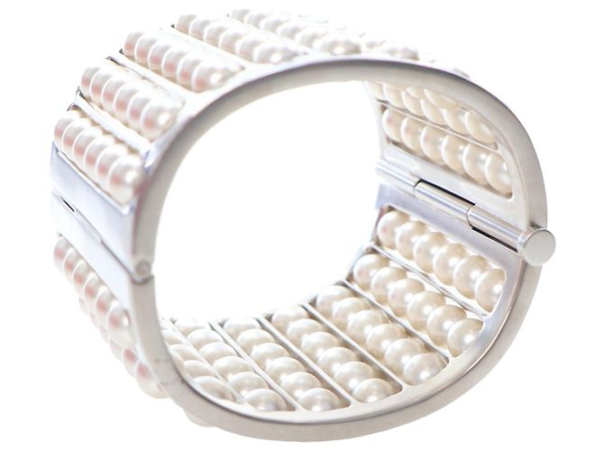 Chanel Silver Silver Plated Wide Pearl Cuff Bracelet Silvery - view 5