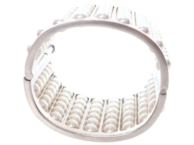 Chanel Silver Silver Plated Wide Pearl Cuff Bracelet Silvery - view 6