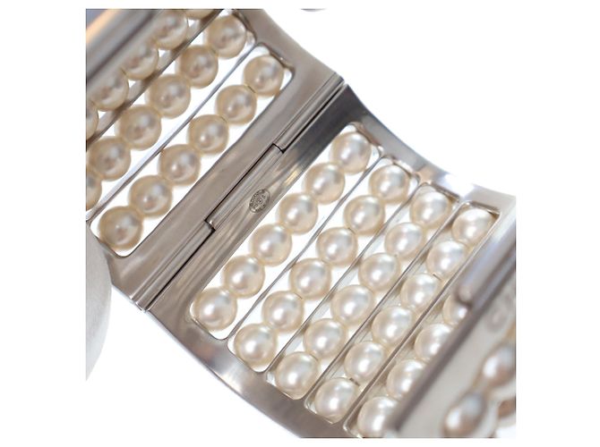 Chanel Silver Silver Plated Wide Pearl Cuff Bracelet Silvery - view 7