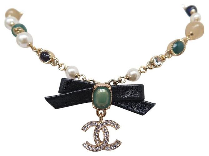 NEUE CHANEL CHOKER-HALSKETTE PERLEN GLAS STRASS 35-49CM METALL Golden - Ansicht 2