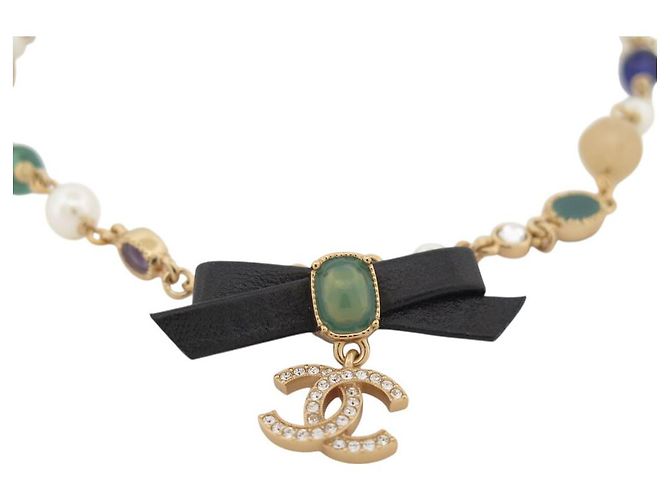 NEUE CHANEL CHOKER-HALSKETTE PERLEN GLAS STRASS 35-49CM METALL Golden - Ansicht 3