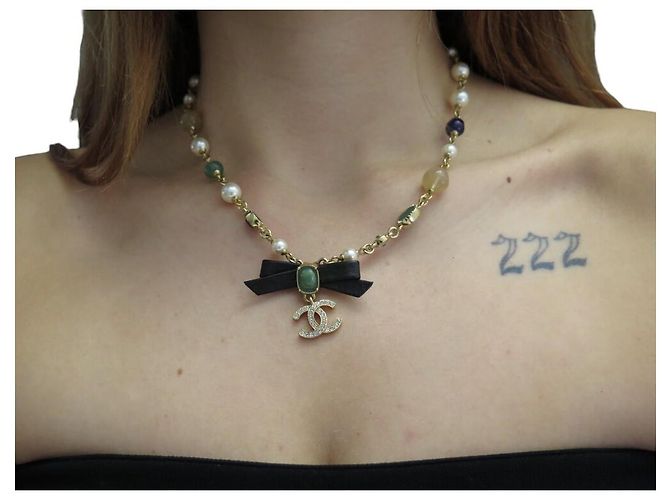 NEUE CHANEL CHOKER-HALSKETTE PERLEN GLAS STRASS 35-49CM METALL Golden - Ansicht 8